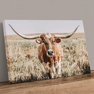 Texas Longhorn Canvas Print, Neutral Western Cow Wall Art, Rustic Farmhouse Decor Canvas-Unframed