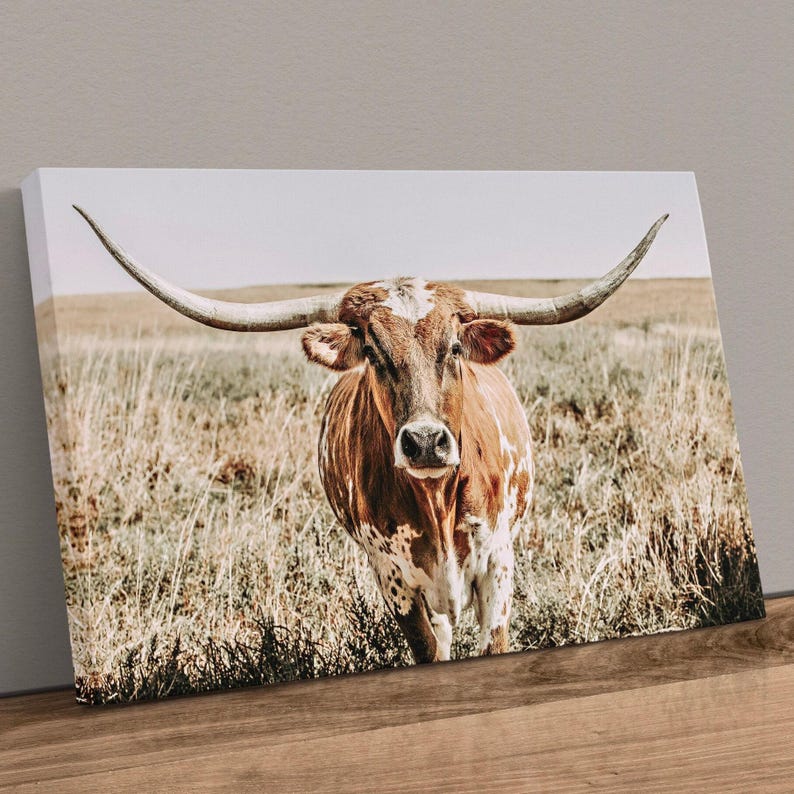 Texas Longhorn Canvas Print, Neutral Western Cow Wall Art, Rustic Farmhouse Decor Canvas-Unframed