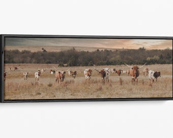 Panoramic Texas Longhorn canvas, longhorn panorama print, western decor cow photo art, farmhouse art, dining room, living room, bedroom