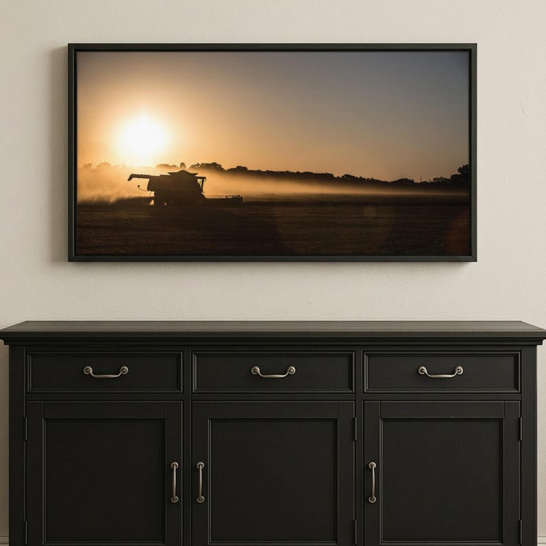 Farm Wall Art Panorama - Oklahoma Wheat Harvest Print - Farm Decor Canvas Wall Art - John Deere Combine Photo - Oversize Farmhouse Canvas image 1