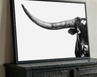 Longhorn Wall Decor - Texas Longhorn Bull Wrapped Canvas Print - Modern Western Art for Living Room or Bedroom