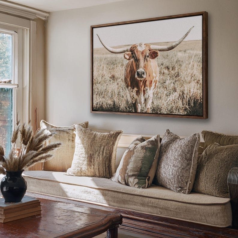 Texas Longhorn Canvas Print, Neutral Western Cow Wall Art, Rustic Farmhouse Decor image 4