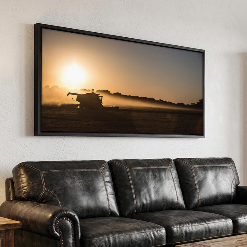 Farm Wall Art Panorama - Oklahoma Wheat Harvest Print - Farm Decor Canvas Wall Art - John Deere Combine Photo - Oversize Farmhouse Canvas image 2
