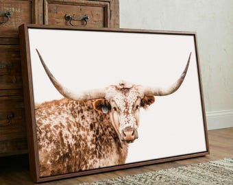 Modern Farmhouse Longhorn Wall Art - Rustic Texas Longhorn Cow Wrapped Canvas Print - Kitchen Artwork