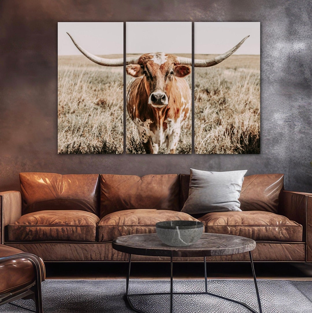 Large Longhorn Wall Art 3 Piece Canvas Triptych Texas Longhorn Picture