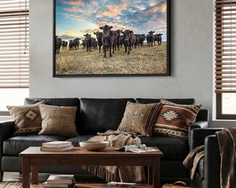 Western Wall Art Black Angus Canvas - Cow Photo Print - Oversized Cattle Wall Art - Large Wrapped Canvas for Western Home Decor