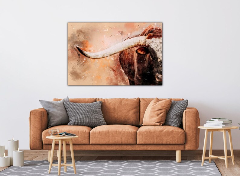 Watercolor Longhorn Bull Canvas Art Print Modern Western Cow Etsy