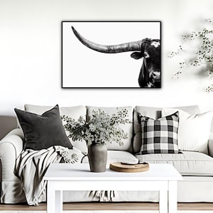 Longhorn Wall Decor - Western Decor Longhorn Print - Texas Longhorn Bull Wrapped Canvas - Modern Western Wall Art for Living Room or Bedroom