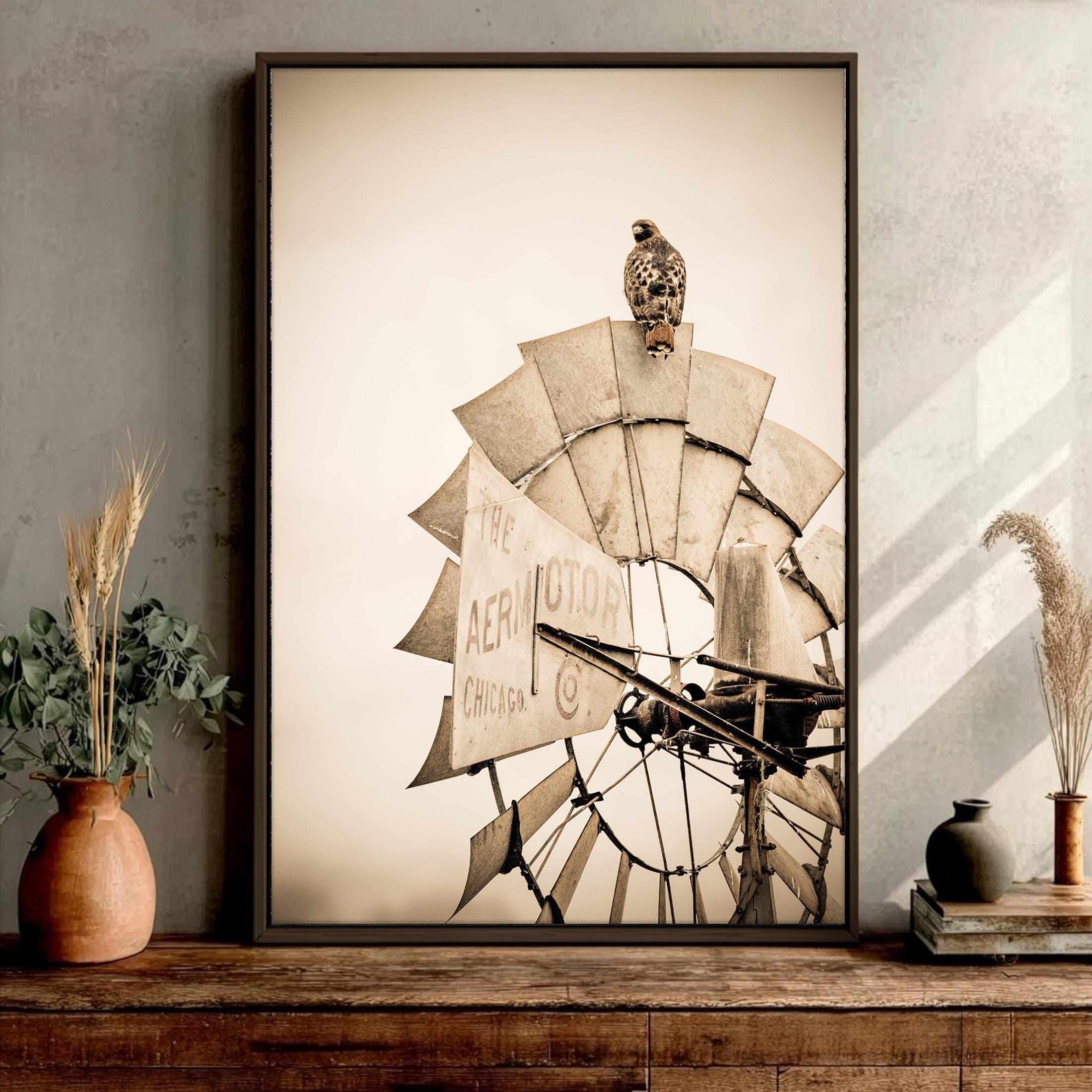 Old Windmill Canvas Print – Rustic Farmhouse Sepia Wall Art