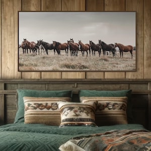 Panoramic Wild Horse Float Framed Canvas Photo - Framed Western Wall Art - Large Panorama Horse Picture for Rustic Decor - Horse Print