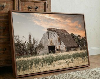 May include: A rectangular framed wall art print featuring a weathered barn with a dark shingled roof set in a dry field under a soft sunset sky. The barn has light-colored siding and a visible doorway, surrounded by sparse trees and dry grass.