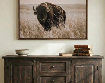 Buffalo Wall Art - Bison Canvas Print - Western American Bison Wall Art - Buffalo Wrapped Canvas - Rustic Western Fireplace - Prairie Print