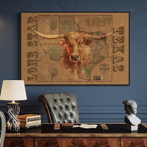 Impression sur toile Western Home Decor - carte du Texas - art mural carte du Texas - art mural Longhorn unique dans un cadre flottant - étoile solitaire rustique du Texas - photo Longhorn