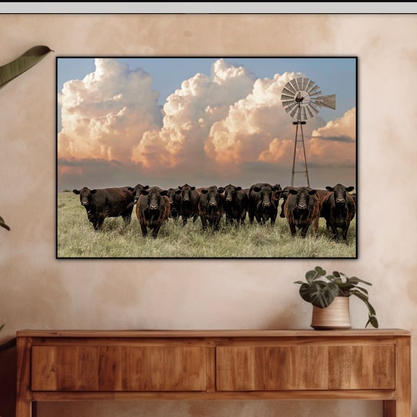 Angus Cows and Vintage Windmill Canvas Art - Rustic Farm Wall Art with Storm Clouds - Country and Western Decor for Home and Office