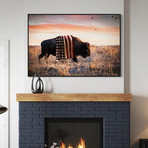 American Flag Patriotic Canvas Print - Americana Buffalo Photography Wall Art - Western USA Artwork for Country Farmhouse Decor