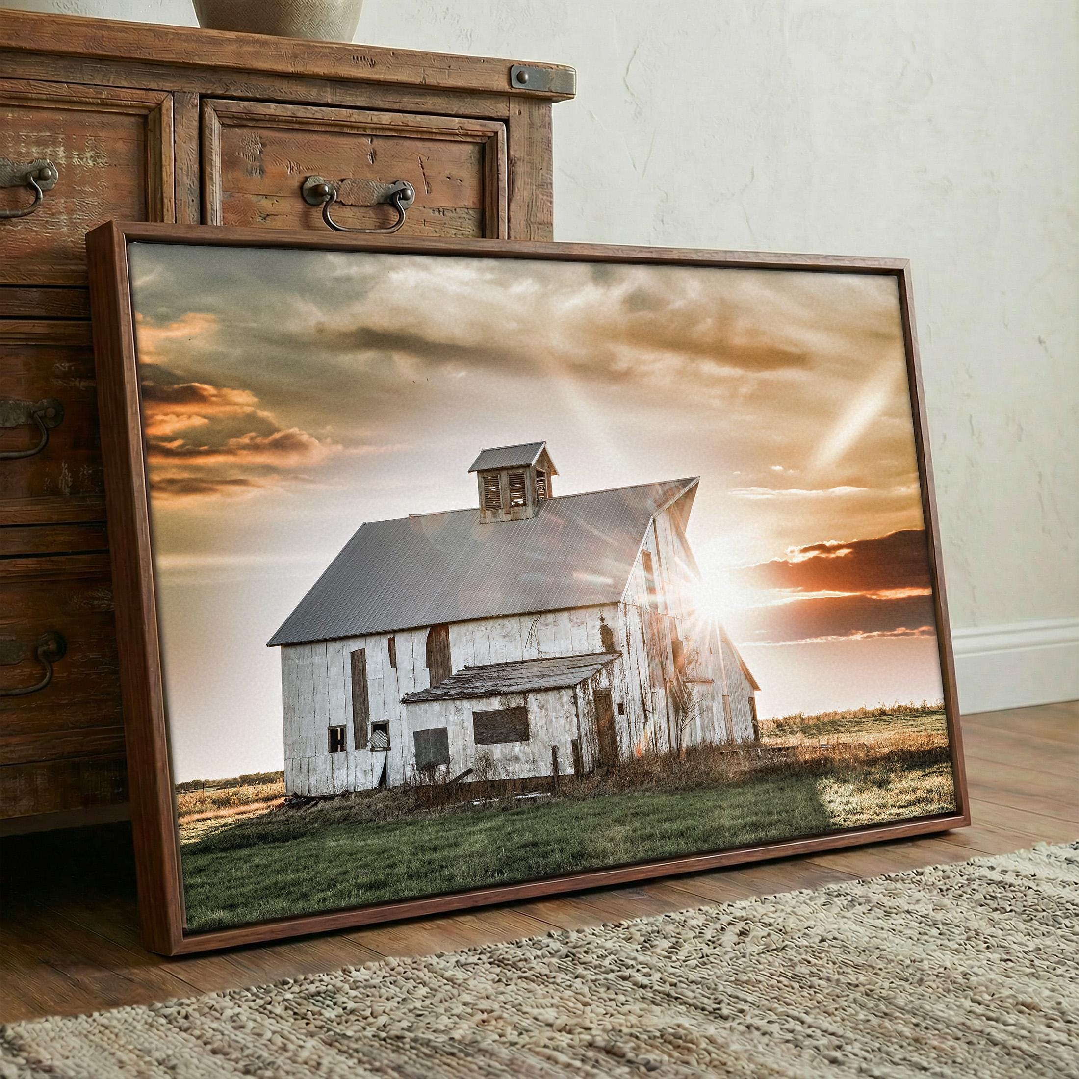 White Barn Sunset Canvas Wall Art, Rustic Farmhouse Photography