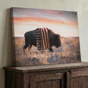 Patriotic Wall Art Bison Canvas Print - American Buffalo USA Flag Canvas - Bison Wall Art - Western Decor Framed Patriotic Art Made in USA image 2