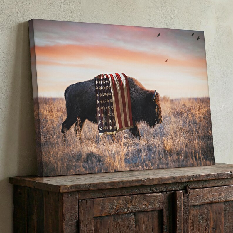Patriotic Wall Art Bison Canvas Print - American Buffalo USA Flag Canvas - Bison Wall Art - Western Decor Framed Patriotic Art Made in USA image 2