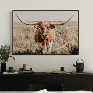 Longhorn Cow Print - Longhorn Canvas Print - Western Home Decor Cow Picture - Neutral Farmhouse Colors - ©Teri James - Wrapped Canvas Framed