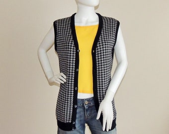 Vintage Houndstooth Vest, Navy Blue and Gray Sleeveless Top, Sweater Vest, Soft Knit Waistcoat, Slim Buttoned Fall Winter Spring Vest