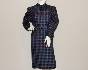 Vintage Geometric Pattern Belted Secretary Dress, Long Sleeve Spring Dress, Teal Brown Indigo Abstract Print Dress, Office Dress w/ Pockets