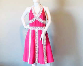 Vintage Pink Halter Dress, Fit & Flare Sun Dress, Open Back Beach Dress, 90's Does 50's Dress, Modern Pinup Dress Size 10 NEW