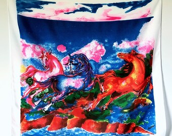 Vintage Horses Scarf, Abstract Horses Shawl, Bold Colors Summer Scarf, Equestrian Print Scarf 34"x34", Pastel Scarf