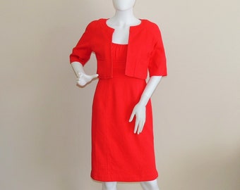 Vintage Red Textured Cotton Dress Suit, Dress & Blazer Suit, Sleeveless Fitted Midi Dress and Cropped Jacket Size 4, Spring 2-Piece Suit