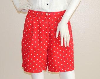 Vintage White Polka Dots Shorts, Red Linen Shorts, Summer Shorts, Beach Shorts, Linen Short Pants Size US 10, Ralph Lauren