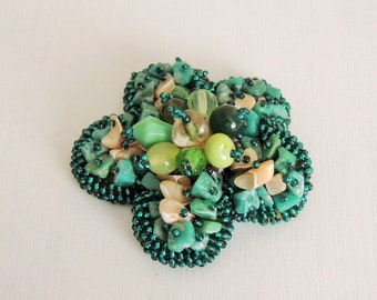 Vintage Handmade Beaded Brooch, Full Green & Ivory Beads Pin, Embellished Brooch, Beads and Felt Pin, Handmade Jewelry