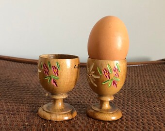 Vintage 1950s Wooden Egg Holder Pair, Hand Painted Edelweiss Boiled Egg Dish, German Folk Art Wood Egg Holder