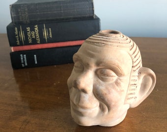 Vintage Abstract Man Head Statue, Light Faded Clay Head Sculpture, Swanky Human Head Decor, Abstract Decor, Modern Accent Statue 5" Tall