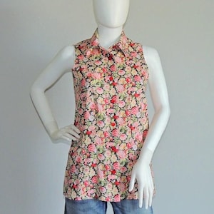 Vintage HANDMADE Floral Sleeveless Top, Peasant Colorful Flowers Shirt, 1990s