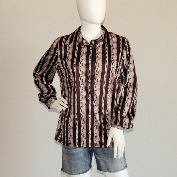 Vintage 1960's Schneider Blusen Jersey Button-Up Shirt, Braids Pattern Earth Tones All Seasons Shirt, Retro Brown Jersey Top