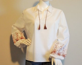 Vintage Ethnic Embroidered Blouse, White Delicate Embroidery Tunic Top, Collared Embroidered Top, Cotton Floral Embroidery Pullover Shirt