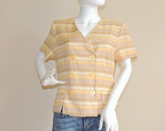 Retro Striped Double Breasted Shirt, 90s Does 50s Top, Wrap Buttoned Blouse, Short Sleeve Top, Spring Summer Office Short Sleeve Wrap Shirt