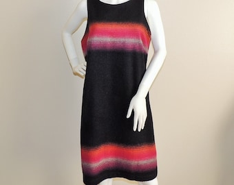 Vintage Colorblock Dress, Black Pink & Orange Mod Dress, Knee Length Sleeveless Dress, Wool Blend Fall/Winter/Spring Blanket Dress