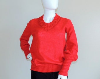 Vintage Hand Knit Sweater, Red Knitted Pullover, V-Neck Cable Knit Jumper, Red Sweater Top, Fall Winter Spring Jumper, Size M