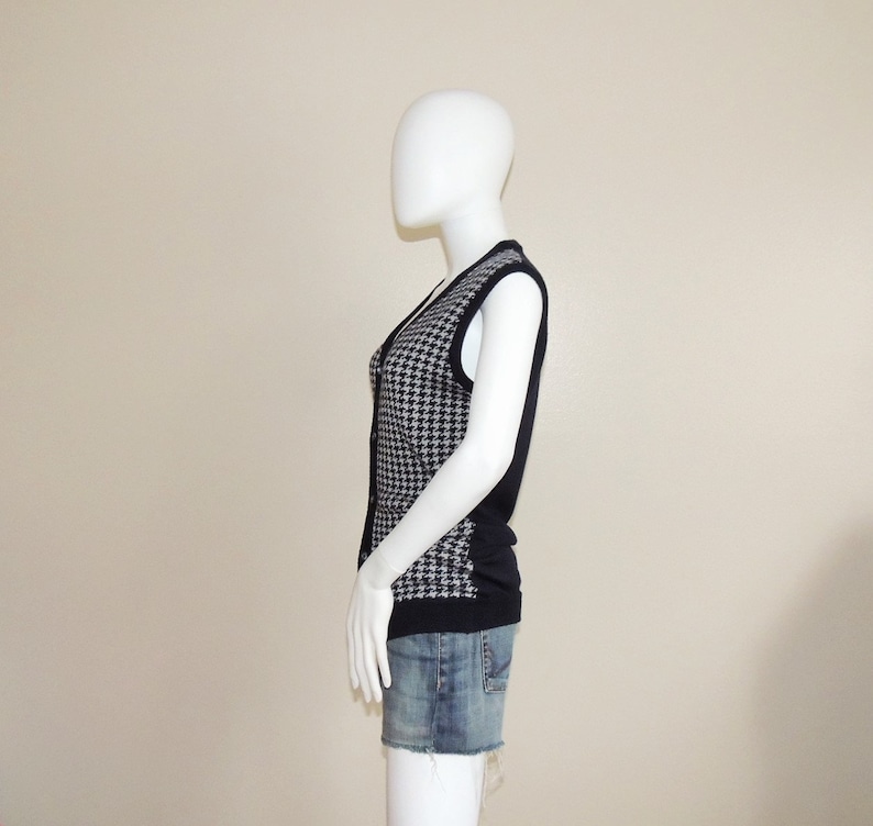 Soft Knit Waistcoat Vintage Houndstooth Vest Slim Buttoned Spring Winter Fall Vest Navy Blue and Gray Sleeveless Top Sweater Vest