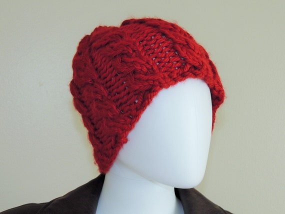 Vintage Chunky Knit Hat, Hand-Knitted Deep Red Be… - image 4