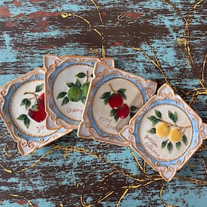 Vintage Decorative Ceramic Plate Set by MWW Market, An Apple A Day 4.5" Square Mini Plate Tiles, Manual Woodworkers & Weavers Apple Coasters