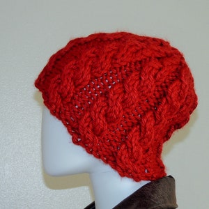 Vintage Chunky Knit Hat, Hand-Knitted Deep Red Beanie, Cable Knit Wool Blend Hat, Red Winter Hat, Slouchy Warm Winter Beanie image 3