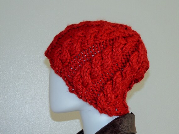 Vintage Chunky Knit Hat, Hand-Knitted Deep Red Be… - image 3