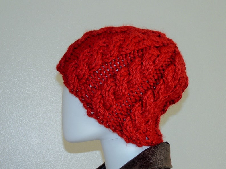 Vintage Chunky Knit Hat, Hand-Knitted Deep Red Beanie, Cable Knit Wool Blend Hat, Red Winter Hat, Slouchy Warm Winter Beanie image 3