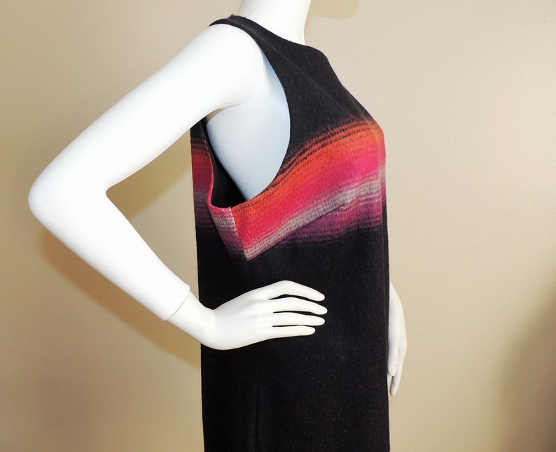 Vintage Wool Blend Blanket Dress Knee Length Sleeveless Fall Winter Dress Colorblock Dress Black Pink /& Orange Mod Dress