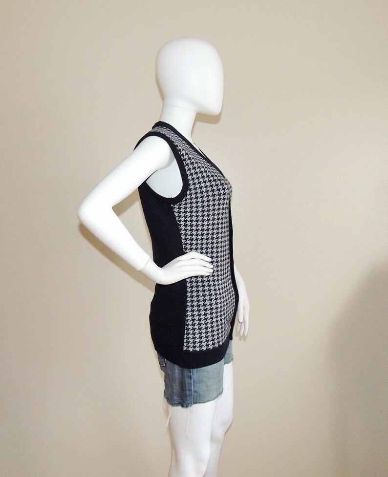Soft Knit Waistcoat Vintage Houndstooth Vest Slim Buttoned Spring Winter Fall Vest Navy Blue and Gray Sleeveless Top Sweater Vest