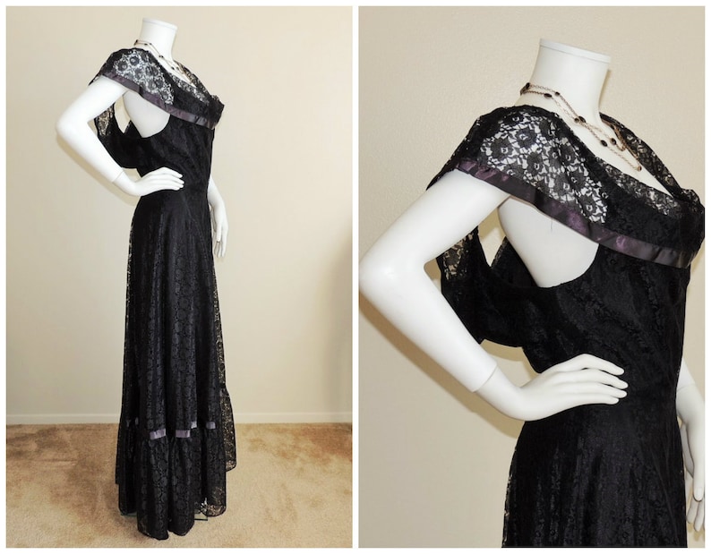 Vintage Victorian Dress, Black Lace Fit & Flare Gown, Black Widow Costume Dress, Cosplay Dress, Floor Length Off Shoulders Lace Maxi Dress image 3