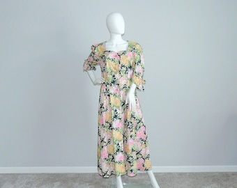 Vintage Dirndl Floral Dress, Puff Sleeves Heart-Shape Neckline Cotton Dress, Spring Summer Long Dress with Pockets, BONUS Dirndl Linen Dress
