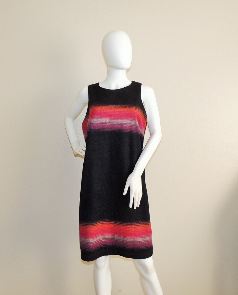 Vintage Wool Blend Blanket Dress Knee Length Sleeveless Fall Winter Dress Colorblock Dress Black Pink /& Orange Mod Dress