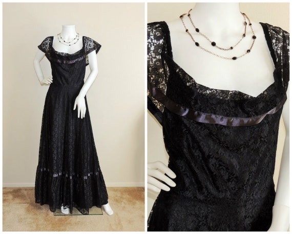 Vintage Victorian Dress, Black Lace Fit & Flare G… - image 1